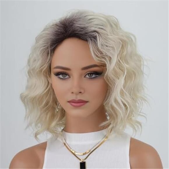 Mid-length Ombre Blonde Layered Wavy Bob Wigs for Women Side Part